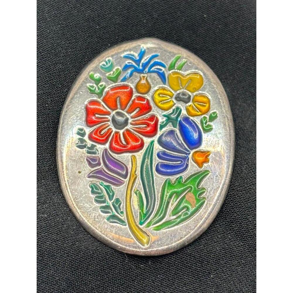 Israel Vintage Floral Enamel Brooch Pendant Signed Israel